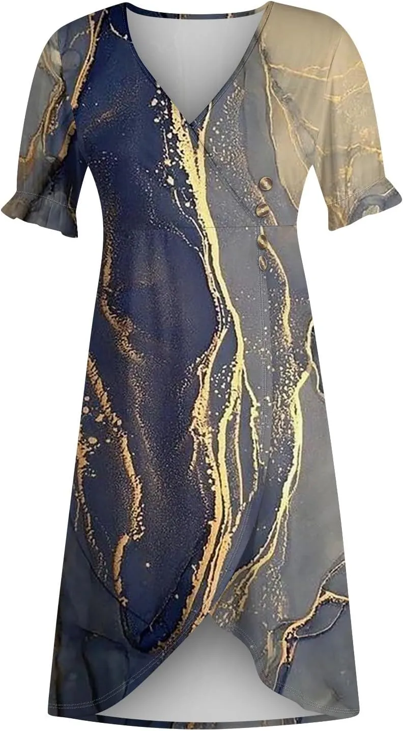 TWGONE Beach Dresses for Women 2025 Spring Trendy Floral Boho Midi Dress Casual V Neck Short Sleeve Irregular Hem Dress