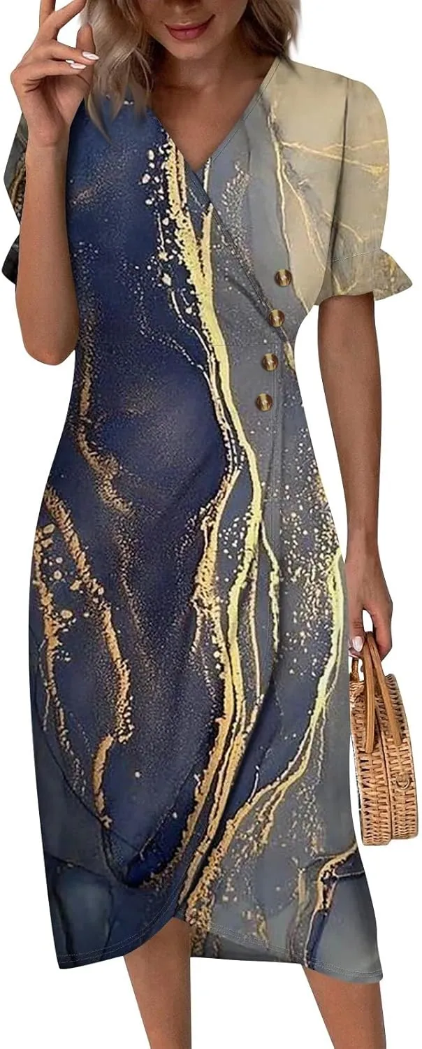 TWGONE Beach Dresses for Women 2025 Spring Trendy Floral Boho Midi Dress Casual V Neck Short Sleeve Irregular Hem Dress