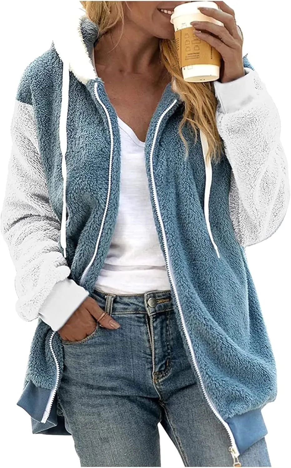 UQRZAU Winter Jackets for Women, Women's Plush Zippered Hooded Solid Color/Color Block Patchwork Cardigan S, 5XL