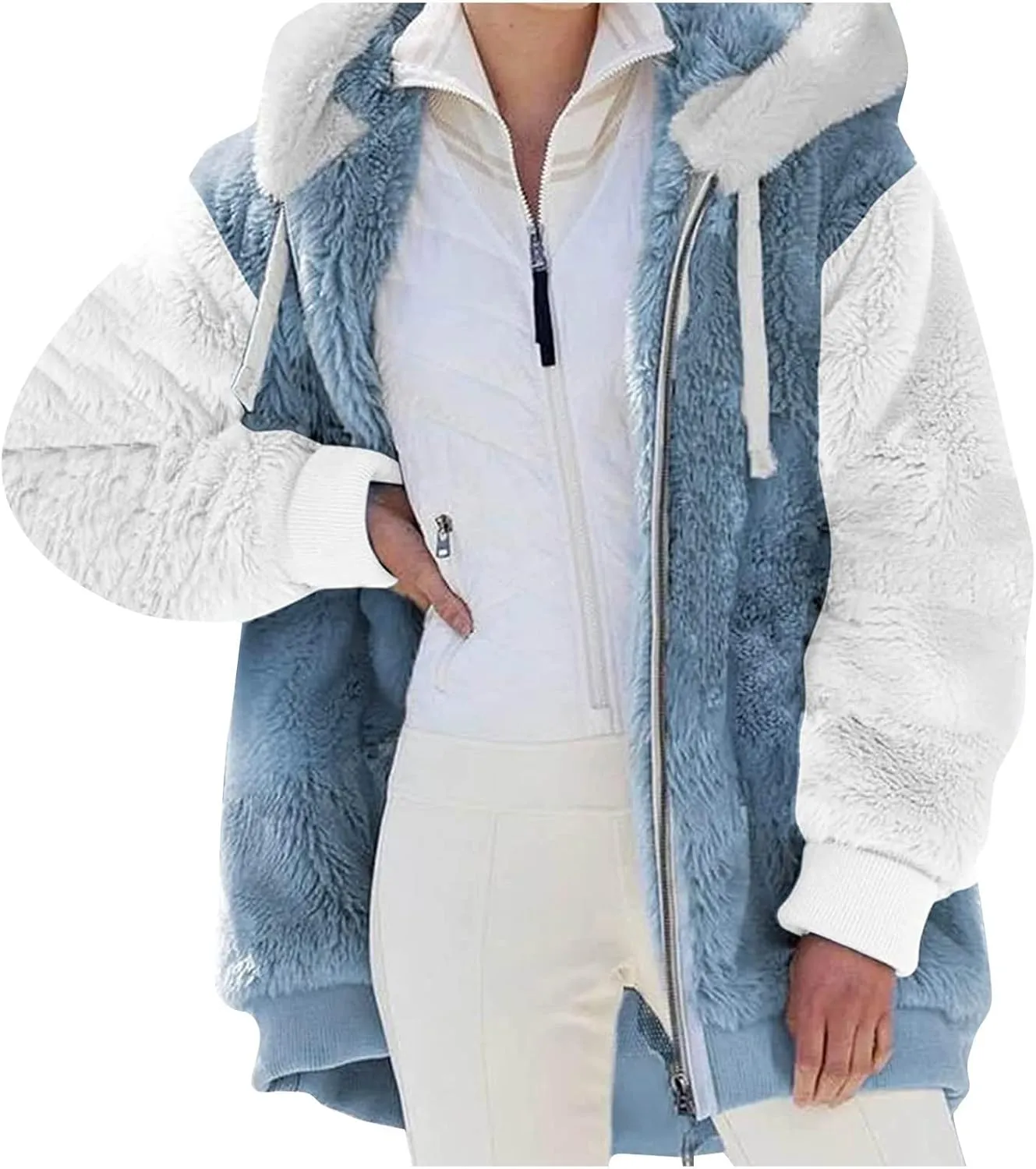 UQRZAU Winter Jackets for Women, Women's Plush Zippered Hooded Solid Color/Color Block Patchwork Cardigan S, 5XL
