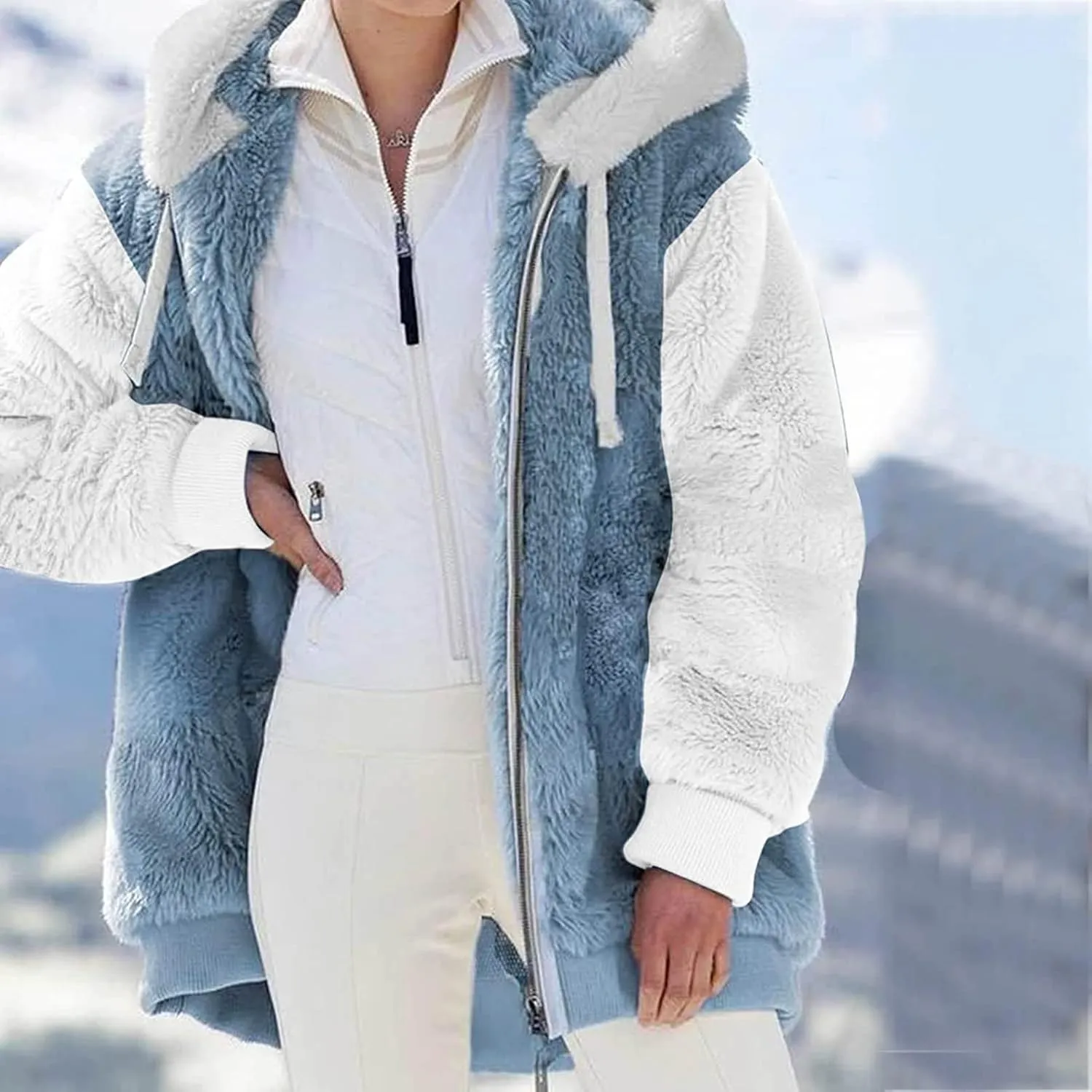 UQRZAU Winter Jackets for Women, Women's Plush Zippered Hooded Solid Color/Color Block Patchwork Cardigan S, 5XL