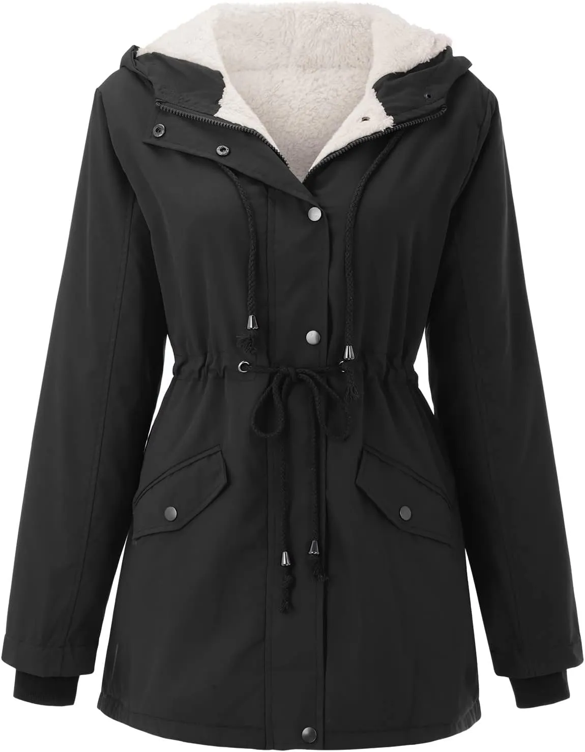 Winter Coats for Women Fleece Lined Padded Coat Plus Size Long Sleeve Drawstring Quilted Outwear Loose Warm Outwear
