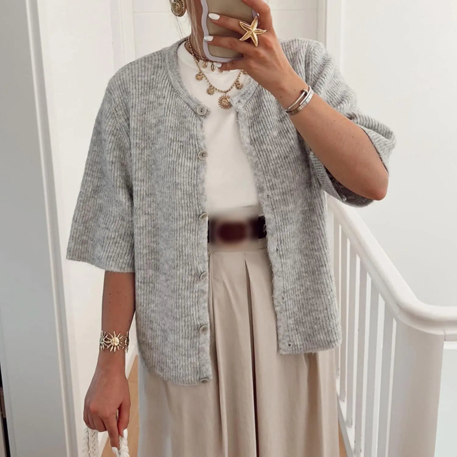 Women Knitted Button Down Short Sleeve Tops Y2K Solid Color Crew Neck Relaxed Sweater Cardigan Going Out Knit Tops