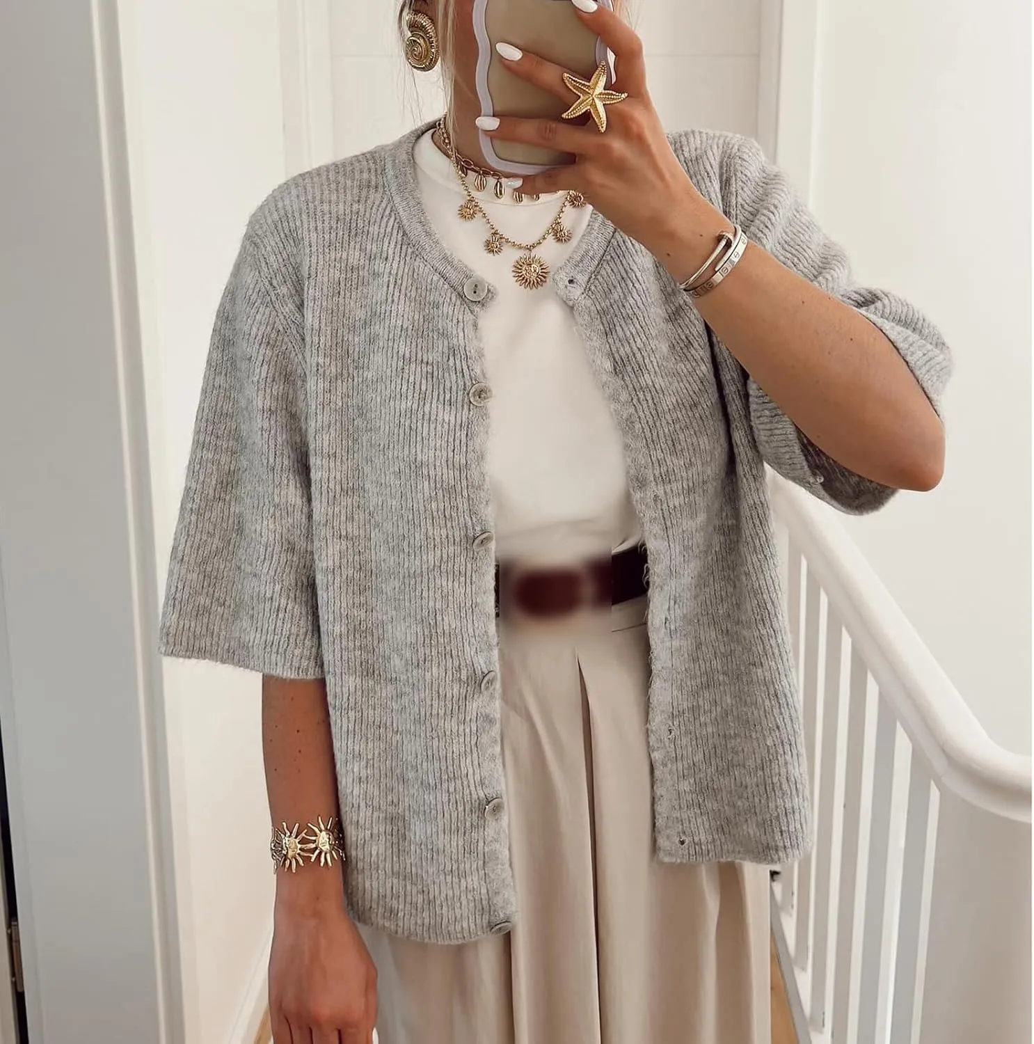 Women Knitted Button Down Short Sleeve Tops Y2K Solid Color Crew Neck Relaxed Sweater Cardigan Going Out Knit Tops