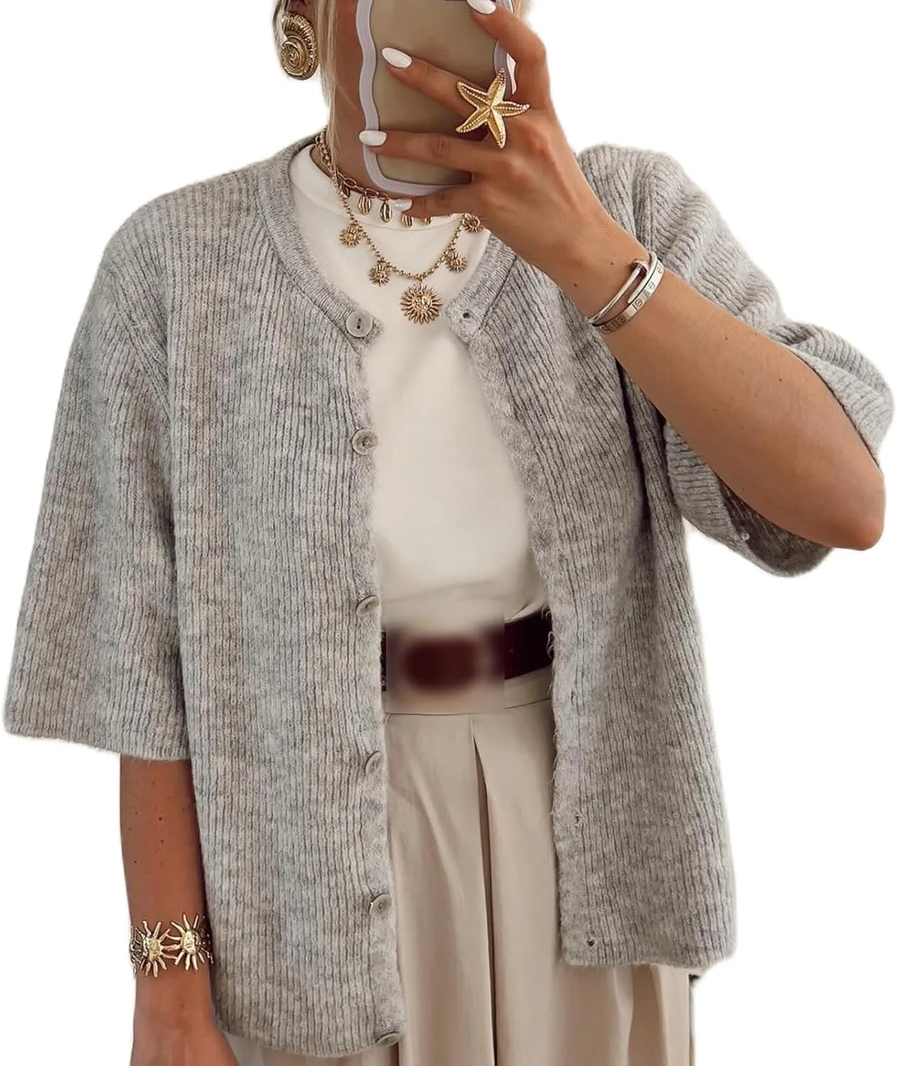 Women Knitted Button Down Short Sleeve Tops Y2K Solid Color Crew Neck Relaxed Sweater Cardigan Going Out Knit Tops