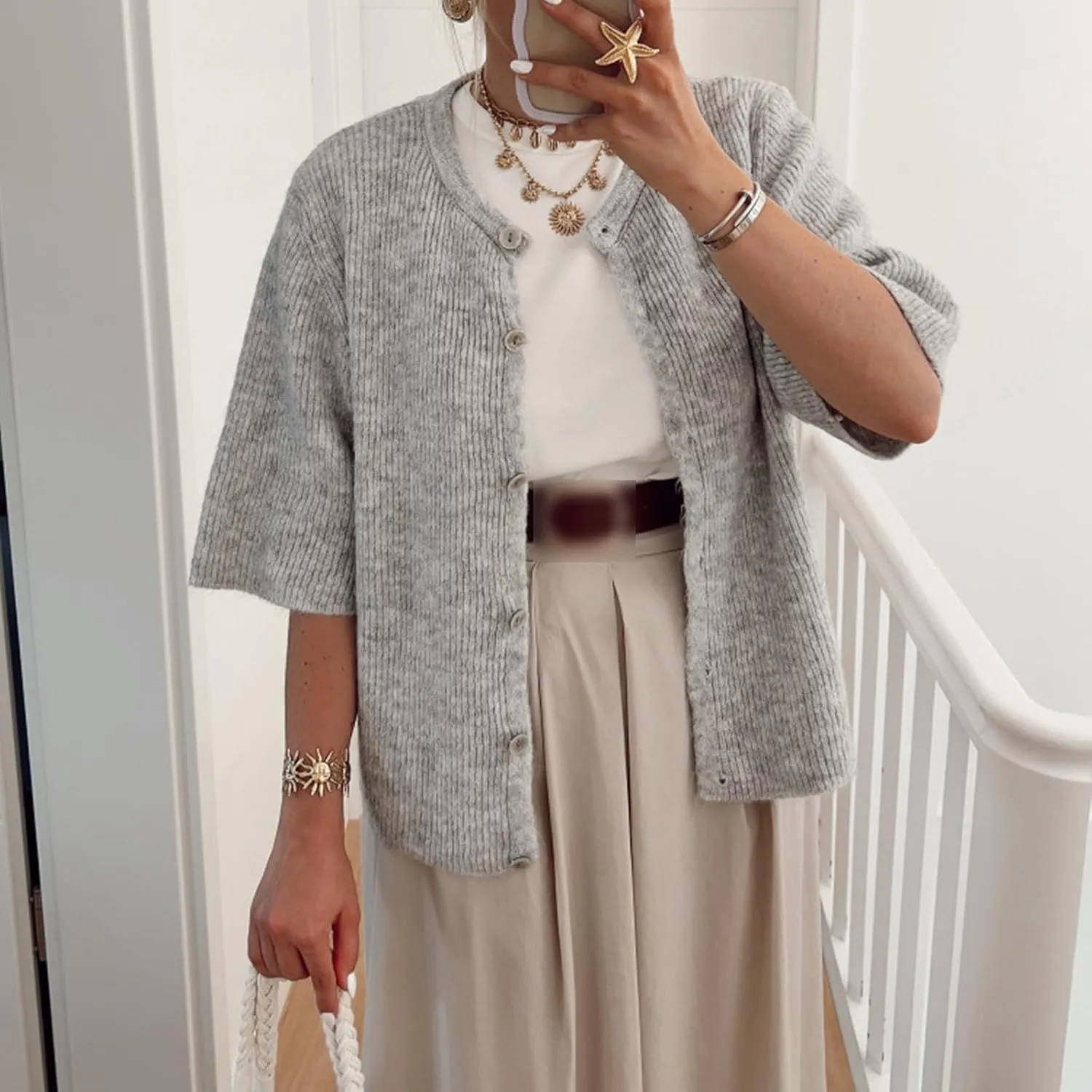 Women Knitted Button Down Short Sleeve Tops Y2K Solid Color Crew Neck Relaxed Sweater Cardigan Going Out Knit Tops
