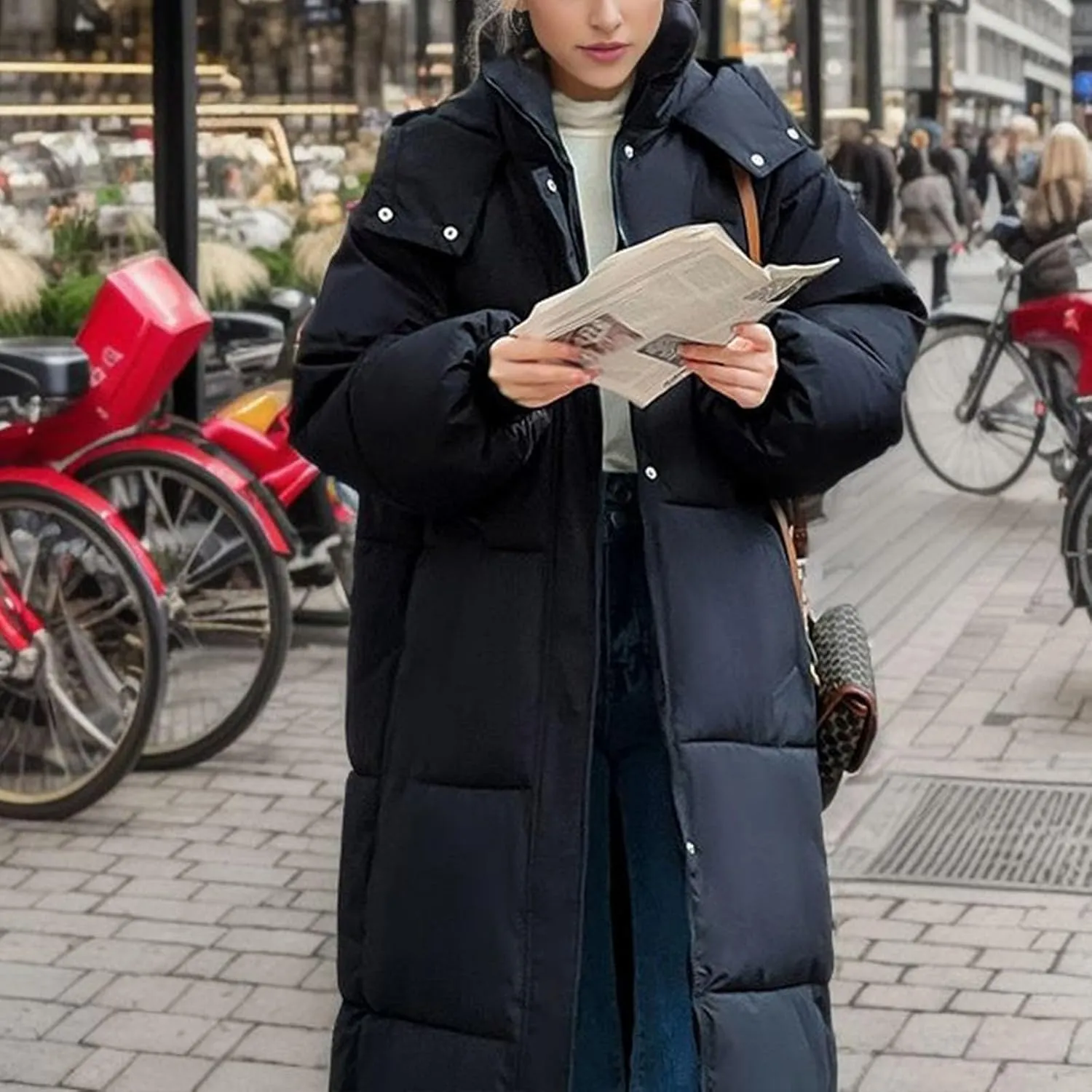 Women Puffer Jacket Cotton Clothes Solid Color Length Loose Jacket Hooded Windproof Comfortable Warm Down Cotton