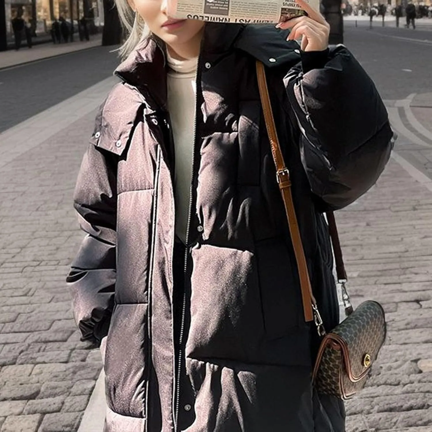 Women Puffer Jacket Cotton Clothes Solid Color Length Loose Jacket Hooded Windproof Comfortable Warm Down Cotton
