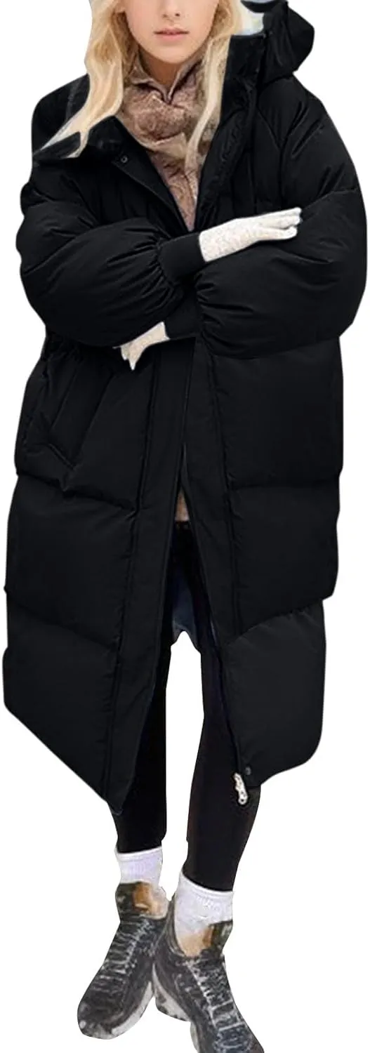 Women Puffer Jacket Cotton Clothes Solid Color Length Loose Jacket Hooded Windproof Comfortable Warm Down Cotton