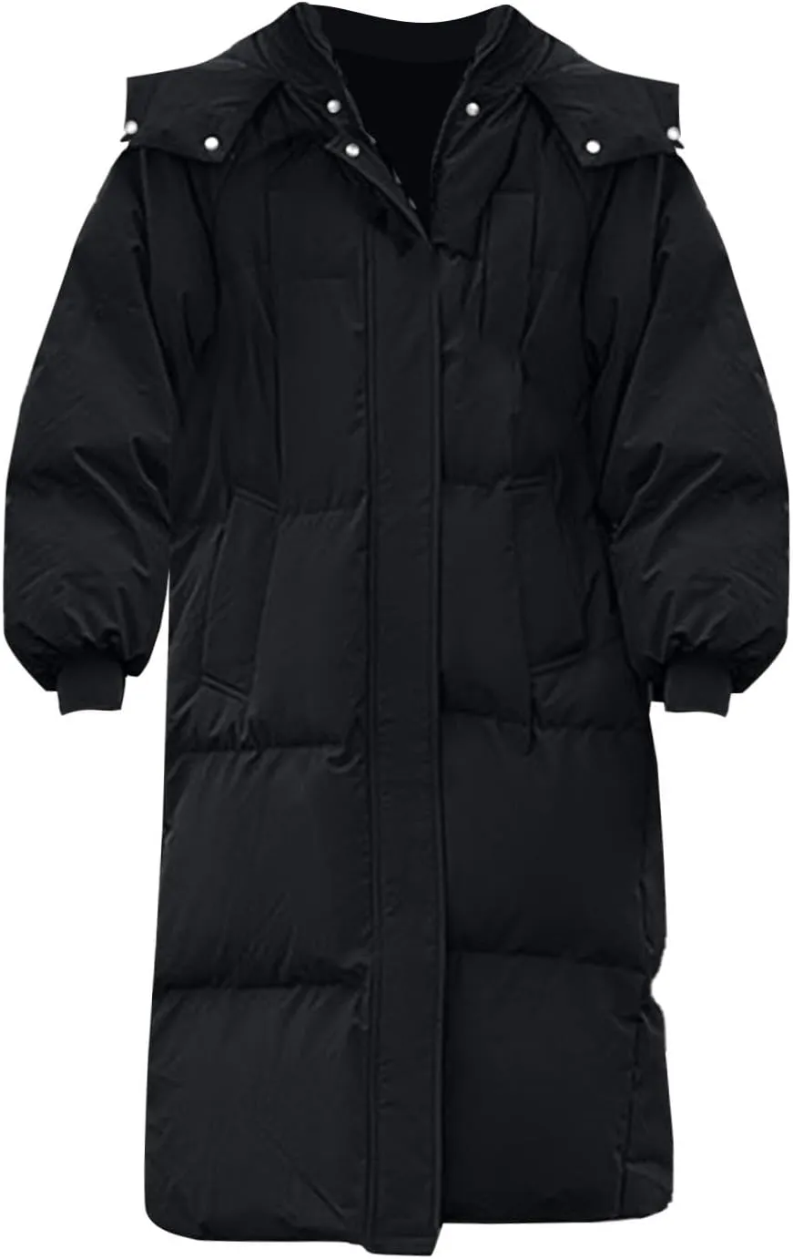 Women Puffer Jacket Cotton Clothes Solid Color Length Loose Jacket Hooded Windproof Comfortable Warm Down Cotton