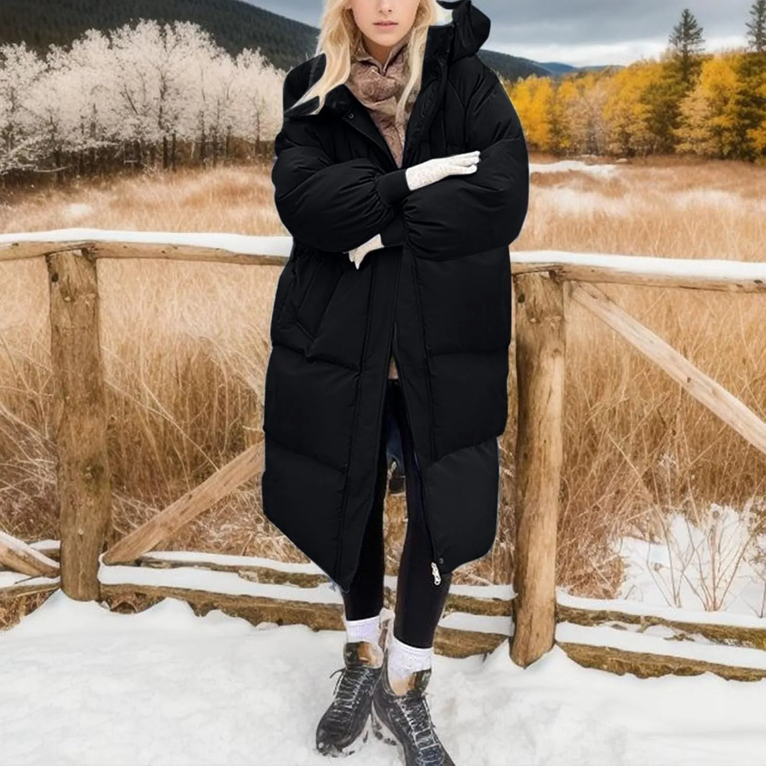 Women Puffer Jacket Cotton Clothes Solid Color Length Loose Jacket Hooded Windproof Comfortable Warm Down Cotton