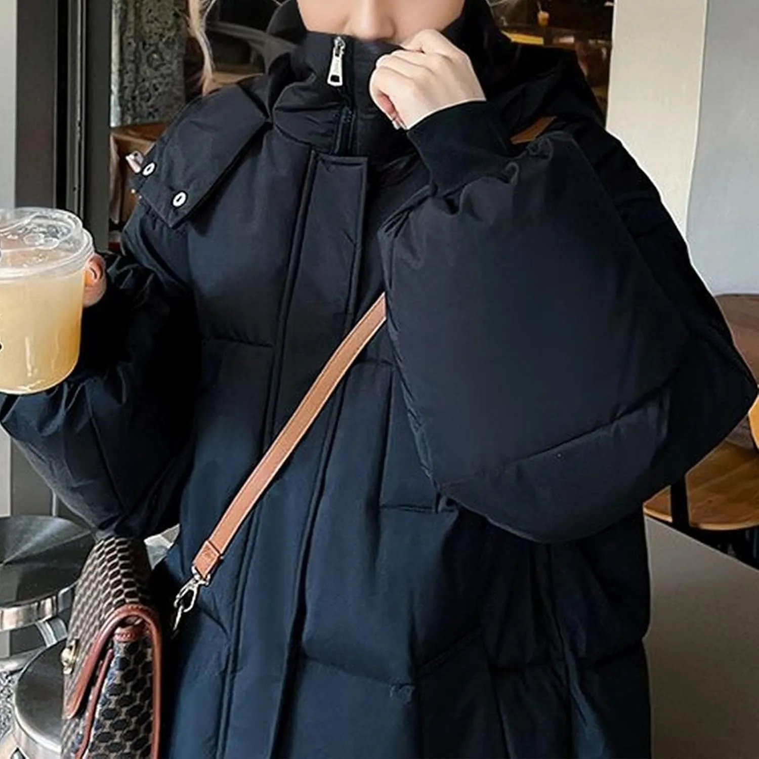 Women Puffer Jacket Cotton Clothes Solid Color Length Loose Jacket Hooded Windproof Comfortable Warm Down Cotton