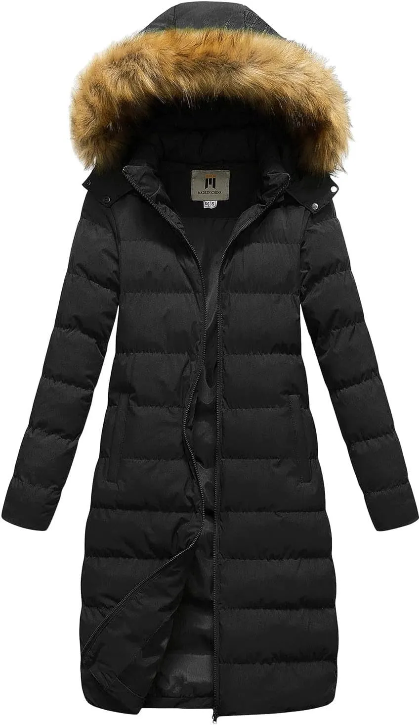 Womens 2024 Winter Windproof Long Puffer Coat with Hood Long Sleeve Quilted Down Jacket Insulated Fitted Soft Overcoat