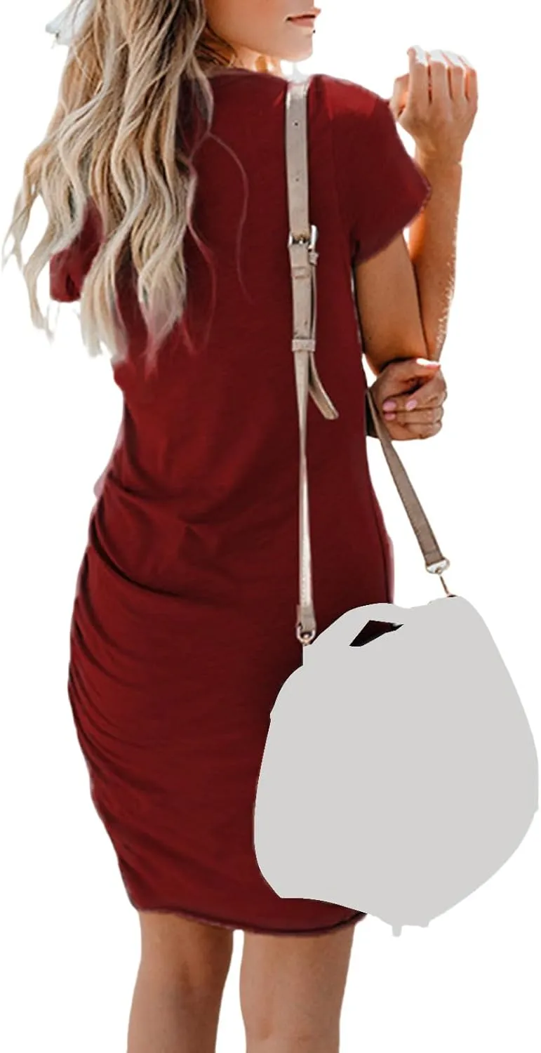 Womens Casual Mini Dress Crewneck Short Sleeve Summer Beach Dresses Bodycon Wrap Ruched Party Club T Shirt Dress