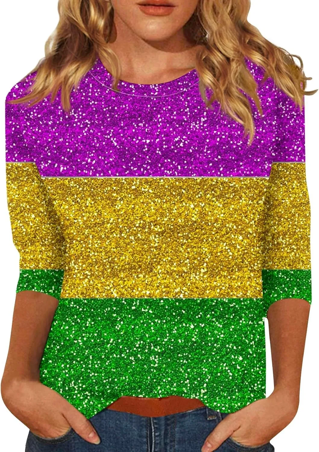 Women's Fashion Casual Seven-Point Sleeve Independence Day Print Round Neck Top Tops for Women 2024