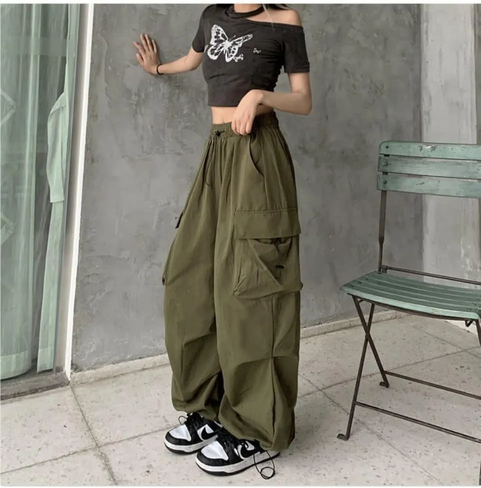 Women's High Waist Cargo Pants Casual Hippie Punk Streetwear Elastic Baggy Jogger Relaxed Cinch Pants with Pockets