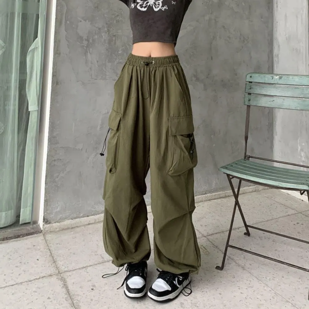 Women's High Waist Cargo Pants Casual Hippie Punk Streetwear Elastic Baggy Jogger Relaxed Cinch Pants with Pockets