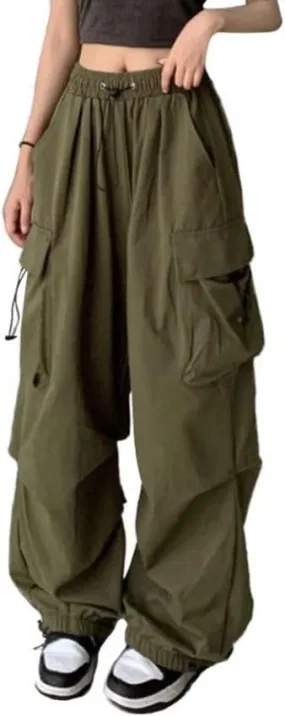Women's High Waist Cargo Pants Casual Hippie Punk Streetwear Elastic Baggy Jogger Relaxed Cinch Pants with Pockets