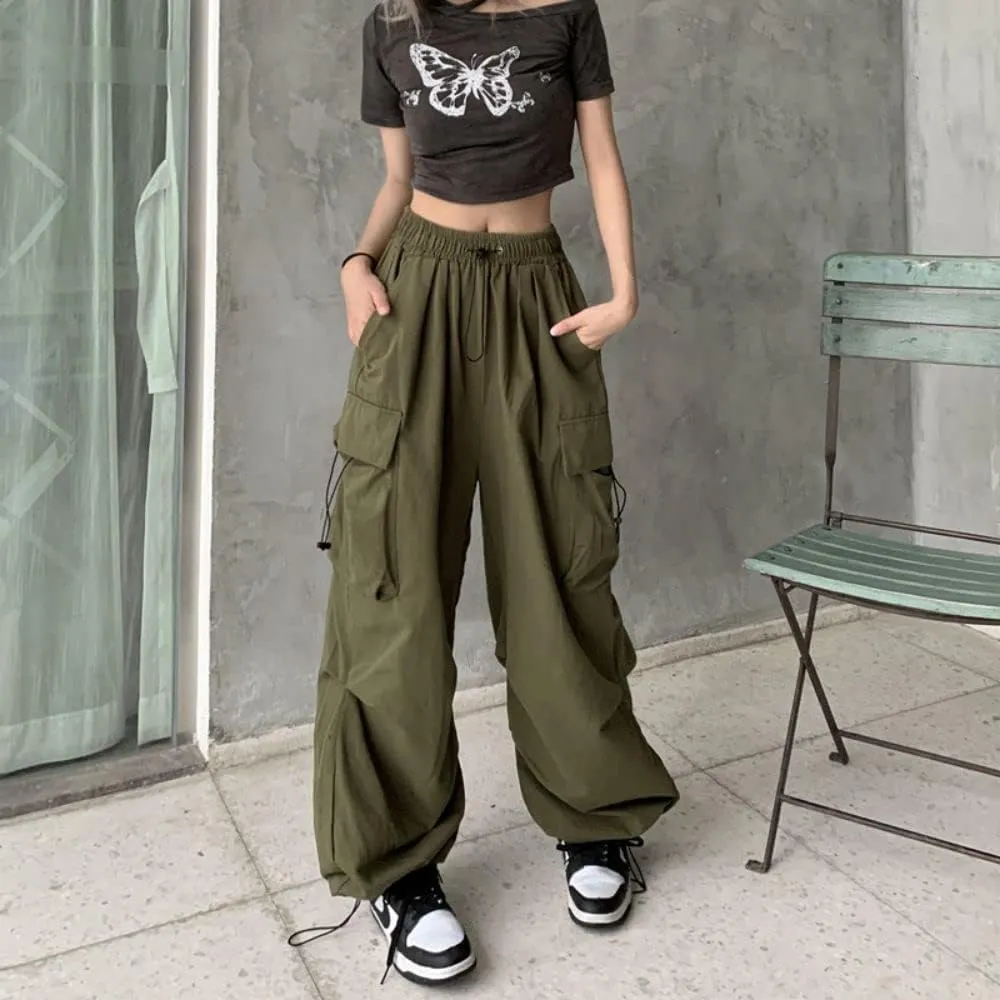 Women's High Waist Cargo Pants Casual Hippie Punk Streetwear Elastic Baggy Jogger Relaxed Cinch Pants with Pockets