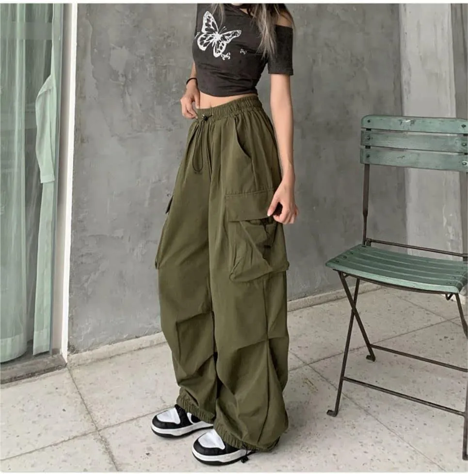 Women's High Waist Cargo Pants Casual Hippie Punk Streetwear Elastic Baggy Jogger Relaxed Cinch Pants with Pockets