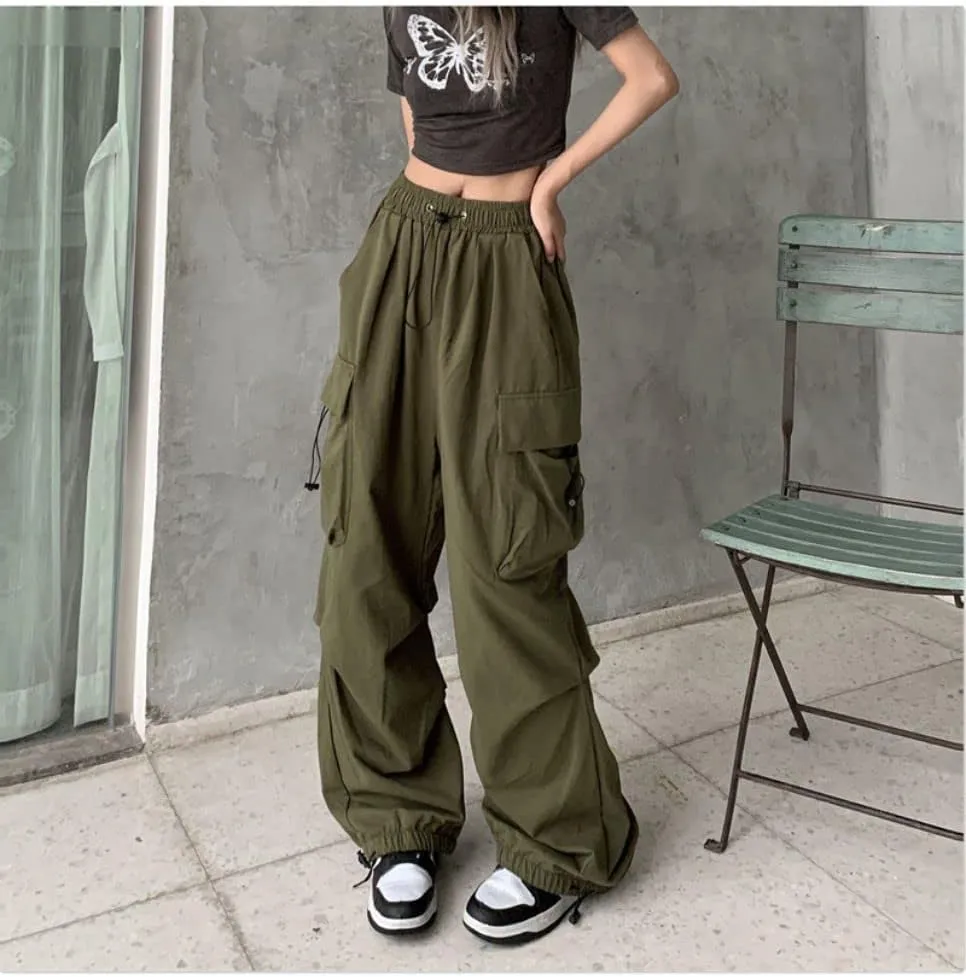 Women's High Waist Cargo Pants Casual Hippie Punk Streetwear Elastic Baggy Jogger Relaxed Cinch Pants with Pockets
