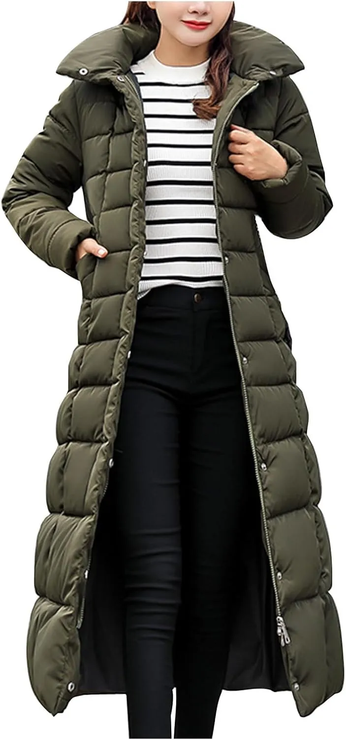 Women's Hooded Thickened Long Down Jacket Maxi Down Parka Puffer Coat Winter Warm with Faux Fur Hooded Cotton Coats