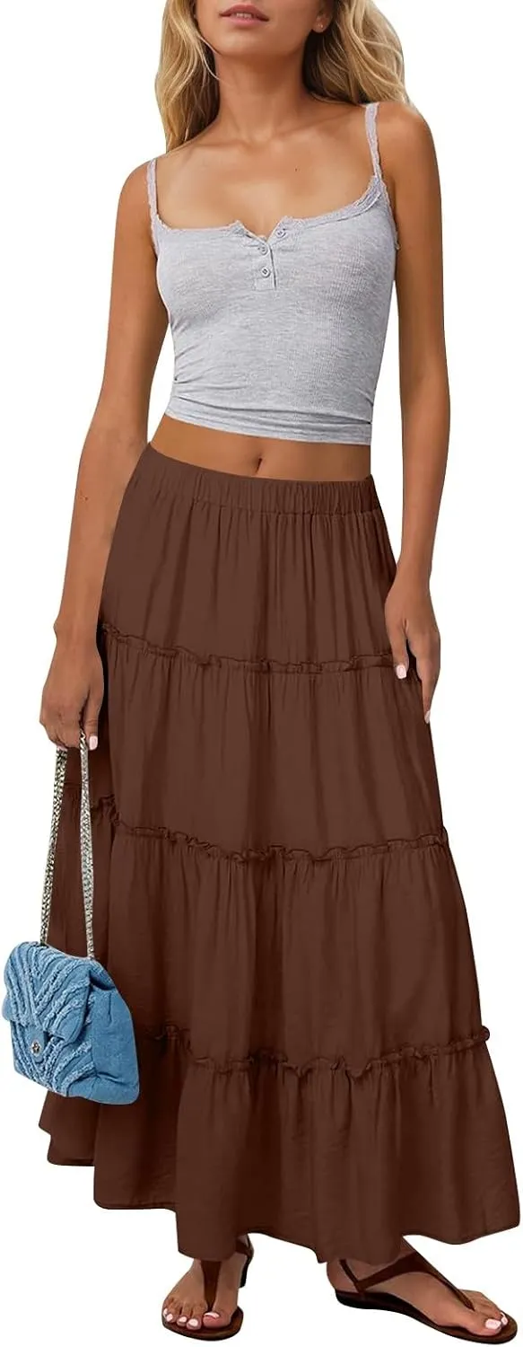 Womens Maxi Skirt Boho Tiered Long Skirts Summer Trendy A Line Ruffle Maxi Skirts Casual Resort Wear with Pockets