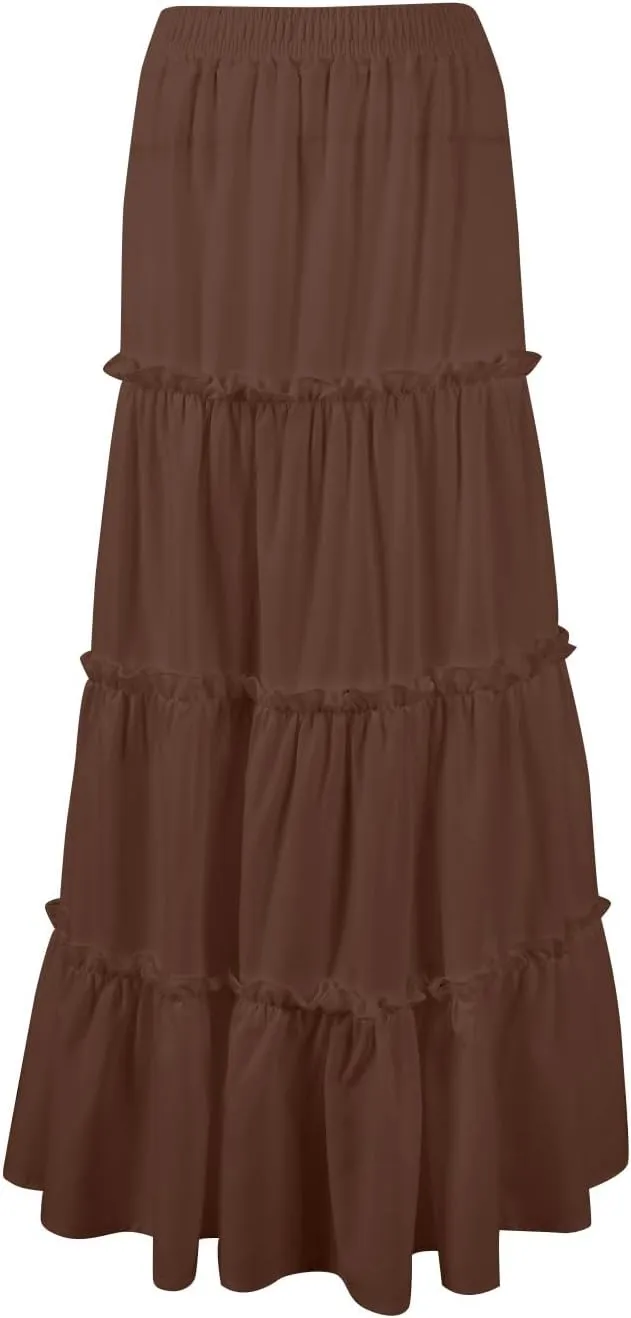 Womens Maxi Skirt Boho Tiered Long Skirts Summer Trendy A Line Ruffle Maxi Skirts Casual Resort Wear with Pockets