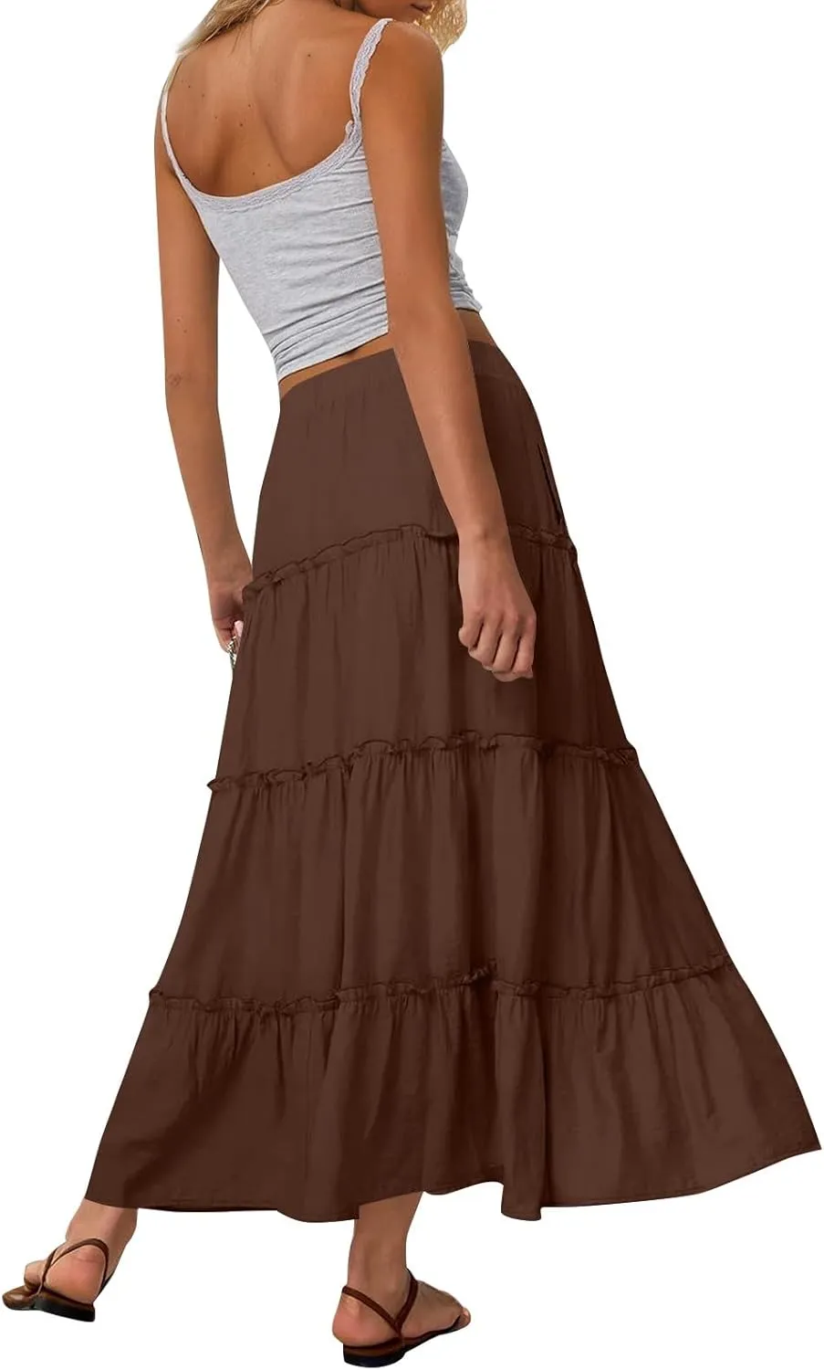 Womens Maxi Skirt Boho Tiered Long Skirts Summer Trendy A Line Ruffle Maxi Skirts Casual Resort Wear with Pockets
