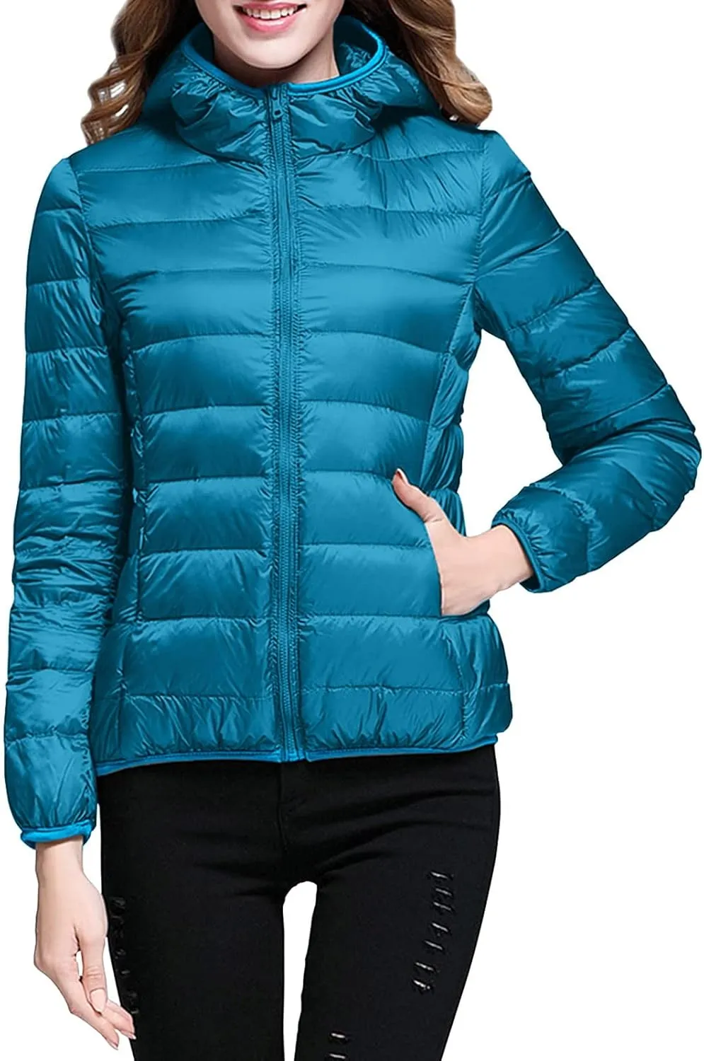 Women's Packable Puffer Jacket Lightweight Hoodie Down Jacket Full Zip Quilted Outwear Puffer Coat with Pockets