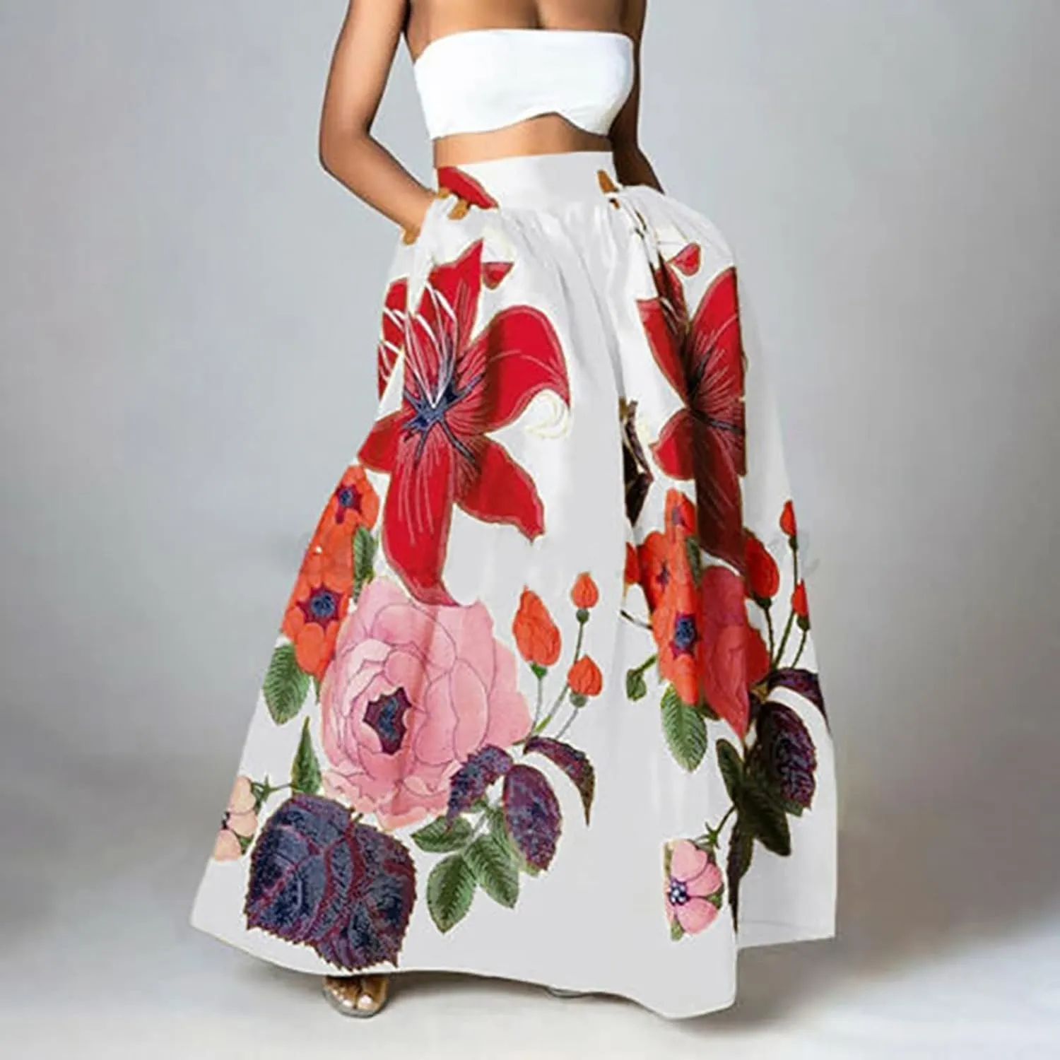 Women's Pleated Skirt Summer Casual Loose Trendy Elastic High Waist Floral Print Boho Sun Beach Maxi Skirts, S-2XL