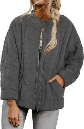 Womens Quilted Puffer Jackets Lightweight Dolman Sleeve Down Coats Zipper Oversized Fall Winter Coat Pockets