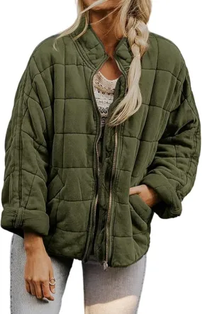 Womens Quilted Puffer Jackets Lightweight Dolman Sleeve Down Coats Zipper Oversized Fall Winter Coat Pockets