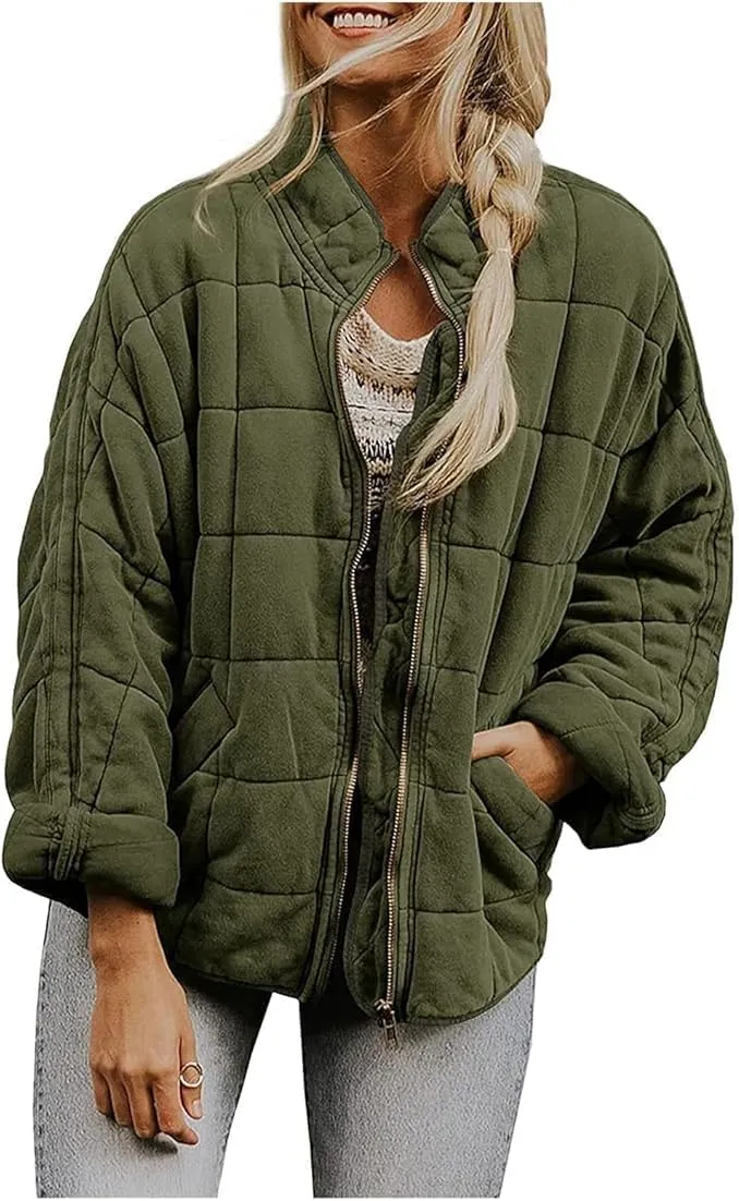 Womens Quilted Puffer Jackets Lightweight Dolman Sleeve Down Coats Zipper Oversized Fall Winter Coat Pockets