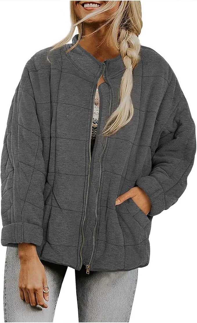 Womens Quilted Puffer Jackets Lightweight Dolman Sleeve Down Coats Zipper Oversized Fall Winter Coat Pockets