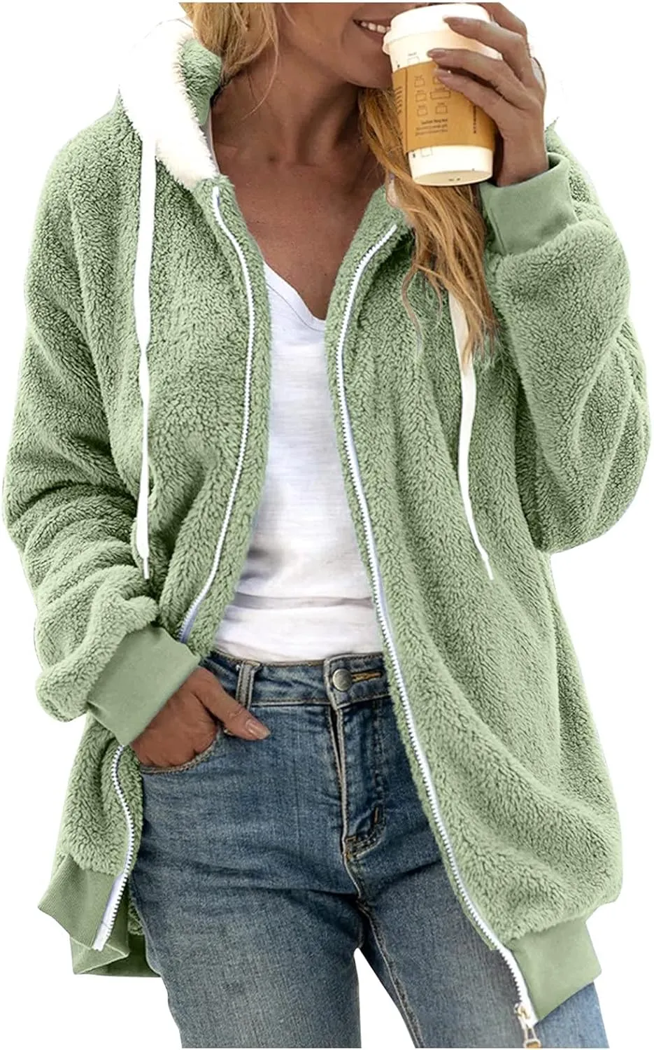 Women's Solid Color Sweatershirt Hooded Pullover Plush Warm Coat Zipper Blouse Women S Outerwear Jacket