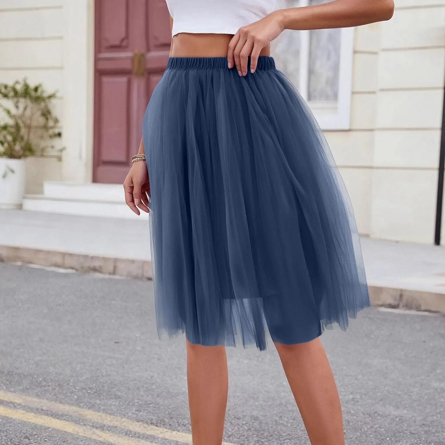 Women's Summer Casual Loose Trendy Elastic High Waist Solid Color Fluffy Mesh Party Flowy A-Line Latin Skirts, M-XL