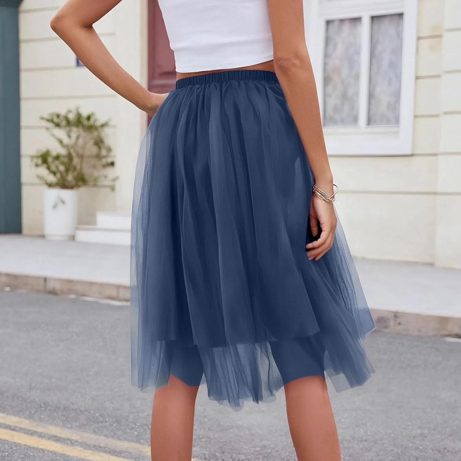 Women's Summer Casual Loose Trendy Elastic High Waist Solid Color Fluffy Mesh Party Flowy A-Line Latin Skirts, M-XL