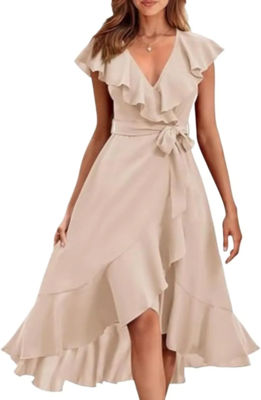 Women's Summer Wrap Midi Dress Casual Boho Deep V Neck Short Sleeve Ruffle Hem Split Beach Long Dresses