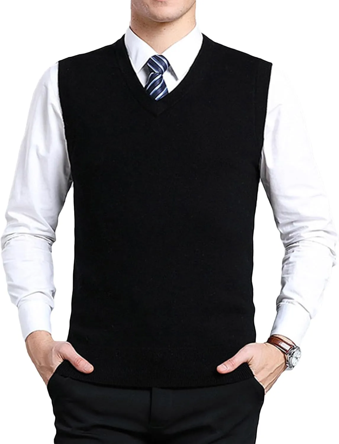 ZUEVI Men's Sweater Vest Classic V-Neck Knitted Pullover Sweaters Tops Sleeveless Relaxed Fit Knitwear Vests