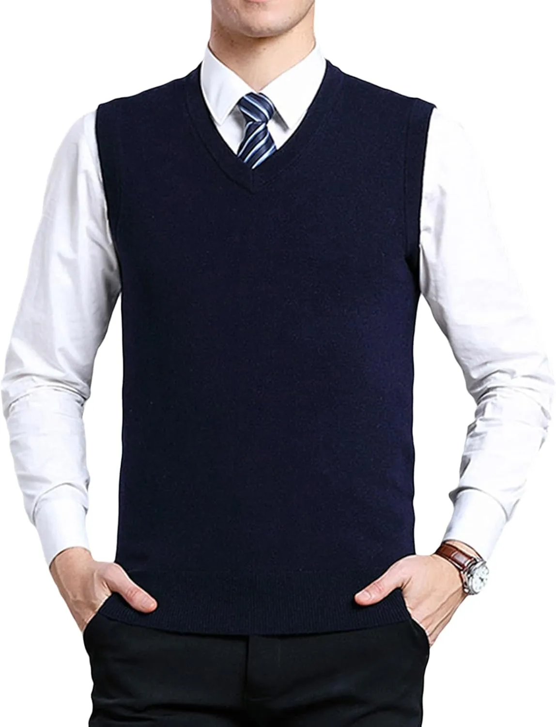 ZUEVI Men's Sweater Vest Classic V-Neck Knitted Pullover Sweaters Tops Sleeveless Relaxed Fit Knitwear Vests