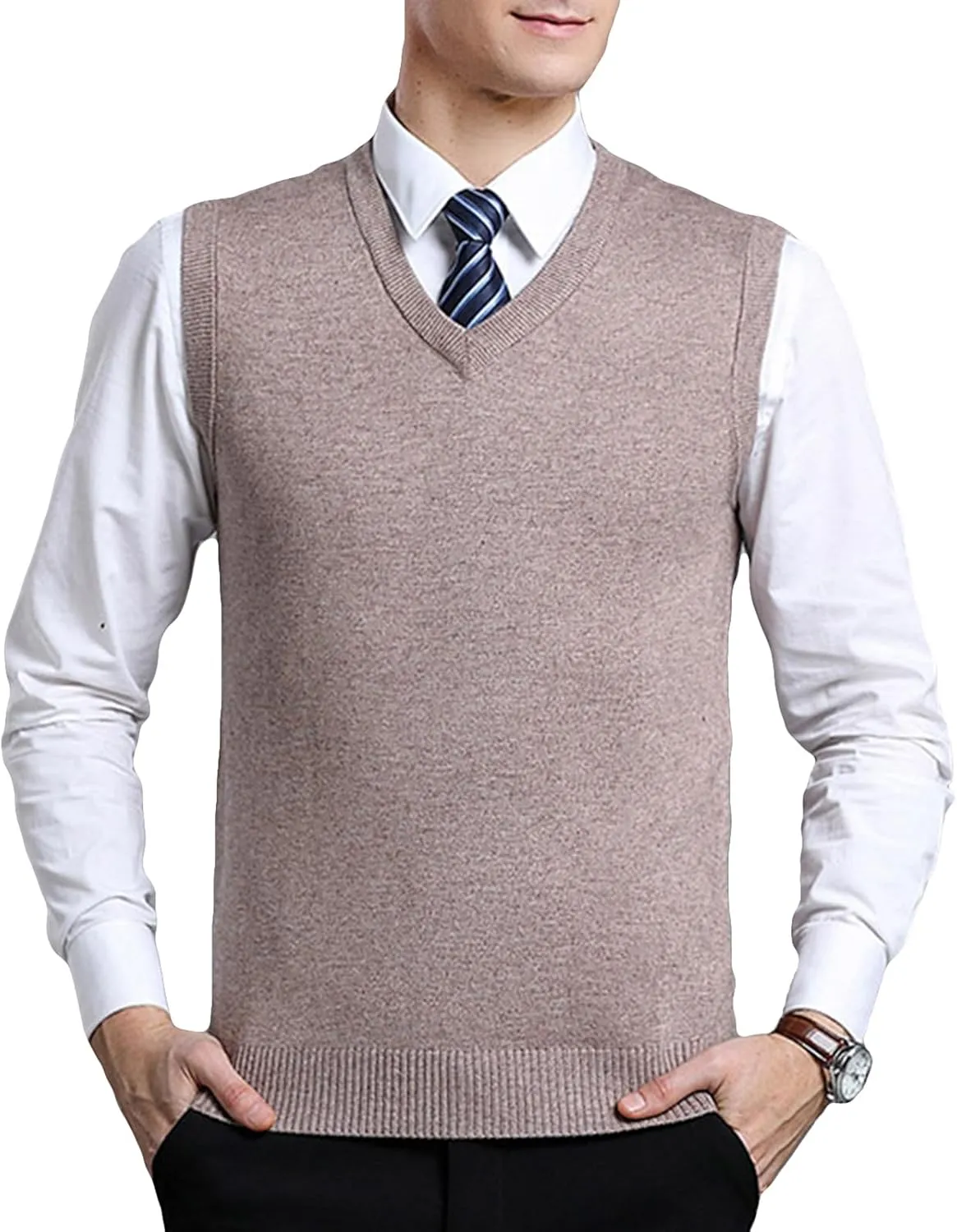 ZUEVI Men's Sweater Vest Classic V-Neck Knitted Pullover Sweaters Tops Sleeveless Relaxed Fit Knitwear Vests